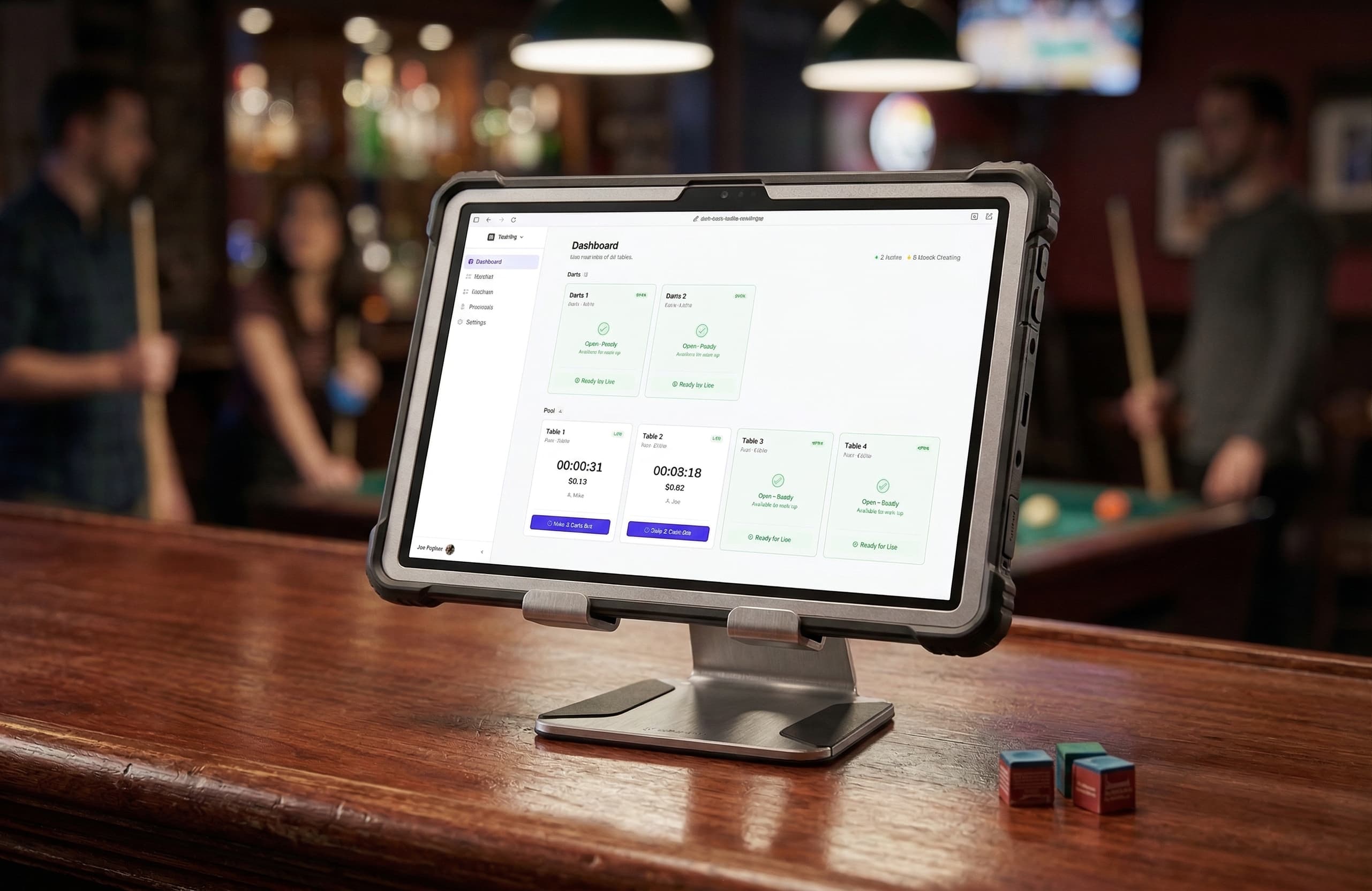 PoolQ rugged tablet kiosk on a bar counter